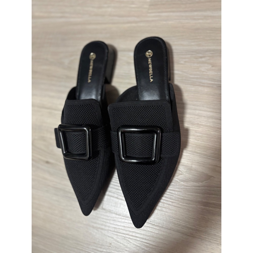 Newbella Black Knit Pointed Toe Mules Buckle Low Block Heel Loafers Womens 10 - Picture 2 of 5